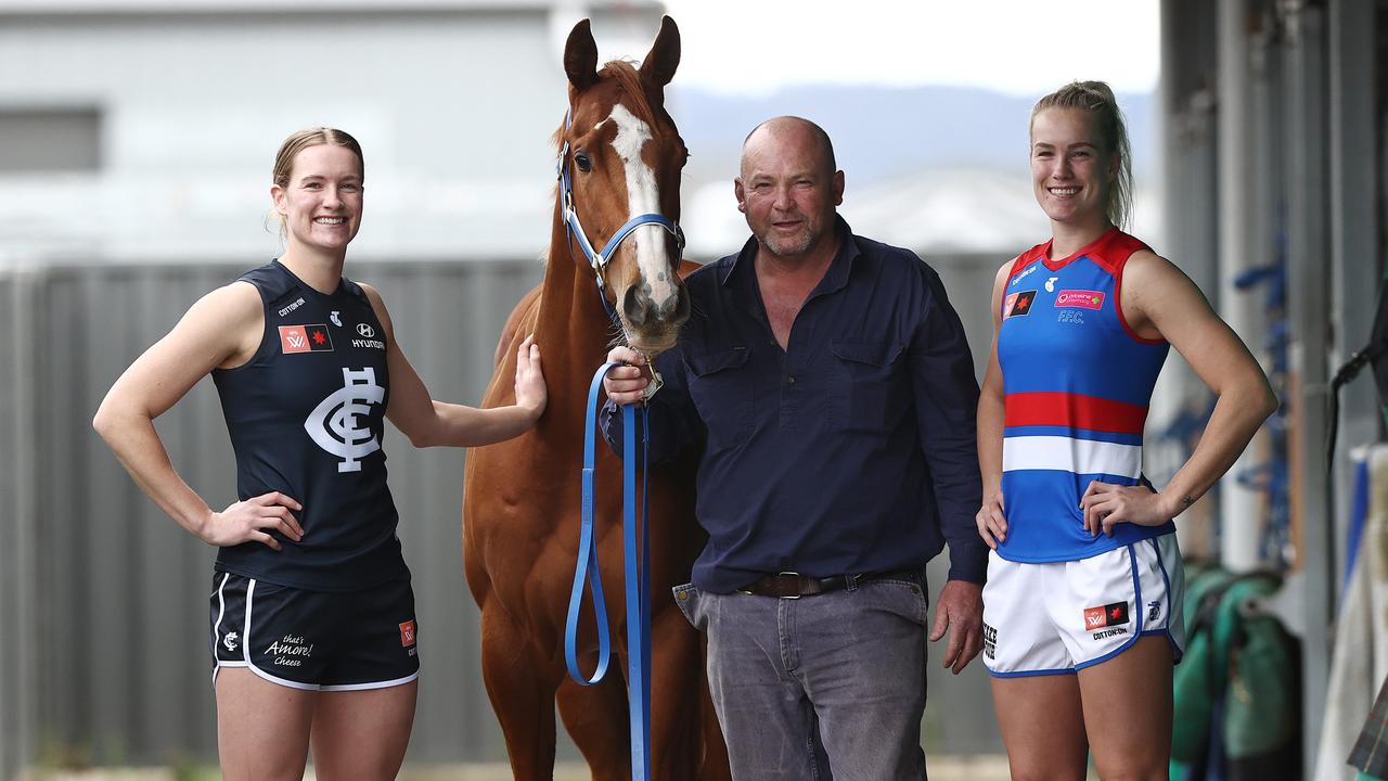 Trainer Peter Moody with daughters and AFLW stars Breann (Carlton) and Celine (Western Bulldogs). Picture: Michael Klein