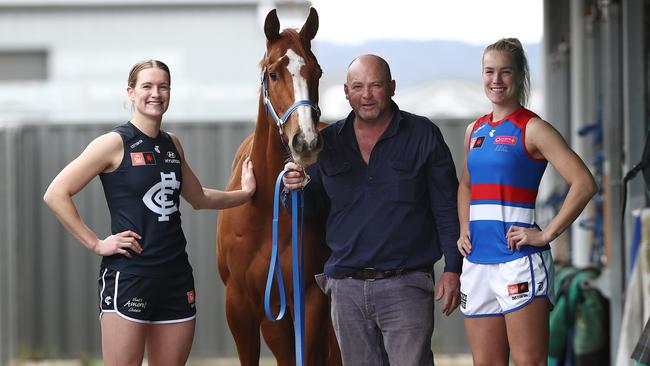 Trainer Peter Moody with daughters and AFLW stars Breann (Carlton) and Celine (Western Bulldogs). Picture: Michael Klein