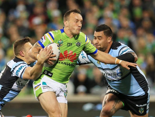 Josh Hodgson of the Raiders on his way to a try during the Canberra Raiders v Cronulla Sharks Qualifying final at GIO Stadium, Canberra. pic Mark Evans