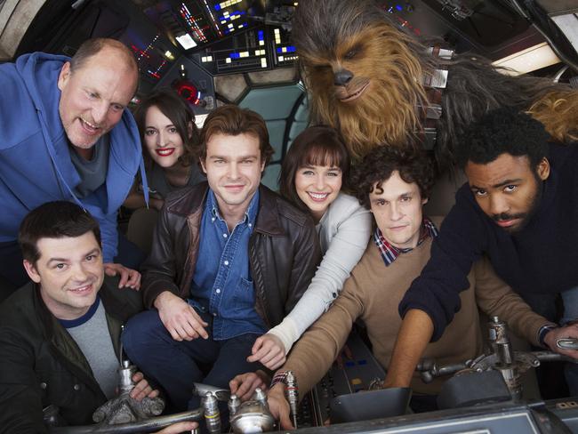 Cast members and co-directors of the Han Solo ‘Star Wars’ spin-off — from bottom left, co-director Christopher Miller, Woody Harrelson, Phoebe Waller-Bridge, Alden Ehrenreich, Emilia Clarke, Joonas Suotamo as Chewbacca, co-director Phil Lord and Donald Glover. Picture: Jonathan Olley / Lucasfilm