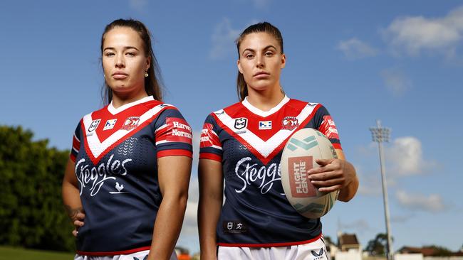 DAILY TELEGRAPH APRIL 5, 2022. EMBARGOED UNTILL FRIDAY 8th APRIL 2022. Roosters NRLW centres Jess Sergis and Isabelle Kelly at Leichhardt Oval ahead of the Grand Final against the Dragons. Picture: Jonathan Ng