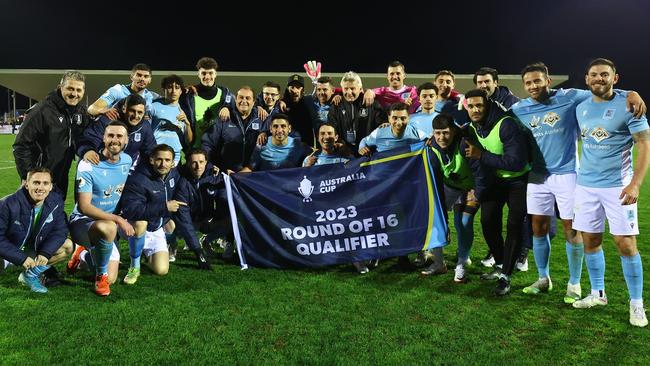 APIA Leichhardt FC celebrate victory in the round of 32 2023 Australia Cup match between Goulburn Valley Suns FC and APIA Leichhardt FC at John McEwen Reserve on August 09, 2023 in Shepparton, Australia. (Photo by Graham Denholm/Getty Images)