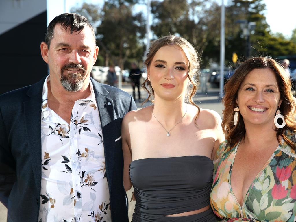 Geelong High graduation at GMHBA Stadium. Russell, Hayley and Wendy Moss. Picture: Mike Dugdale