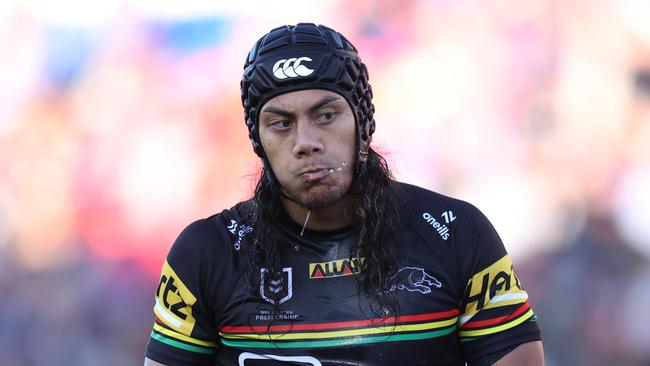 NEWCASTLE, AUSTRALIA - JUNE 16: Jarome Luai of the Panthers pre game during the round 15 NRL match between Newcastle Knights and Penrith Panthers at McDonald Jones Stadium, on June 16, 2024, in Newcastle, Australia. (Photo by Scott Gardiner/Getty Images)