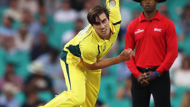 Pat Cummins bowling for Australia on Sunday. Picture: Brett Costello