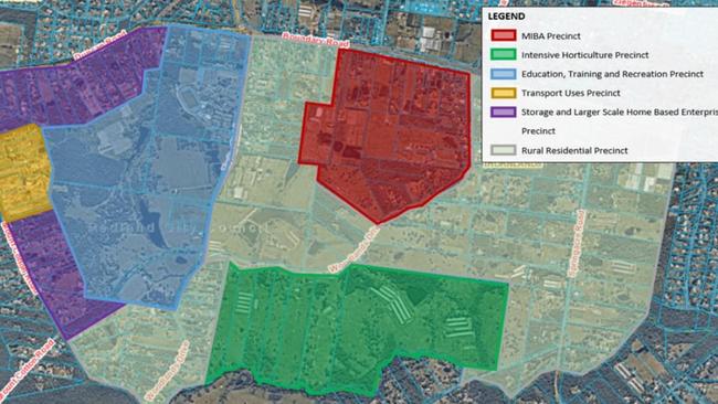 A coloured map of South Thornlands showing where Redland City Council plans to rezone, with the blue area earmarked for an education, training and recreation precinct.