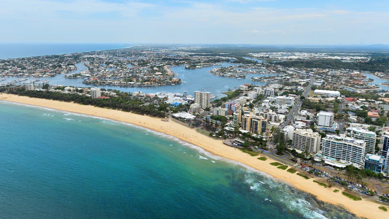 Aerial photographs of the Sunshine Coast. Mooloolaba Beach. Brisbane Road. Mooloolaba Spit. Mooloolaba Esplanade. Mooloolah River. Parkyn parade.