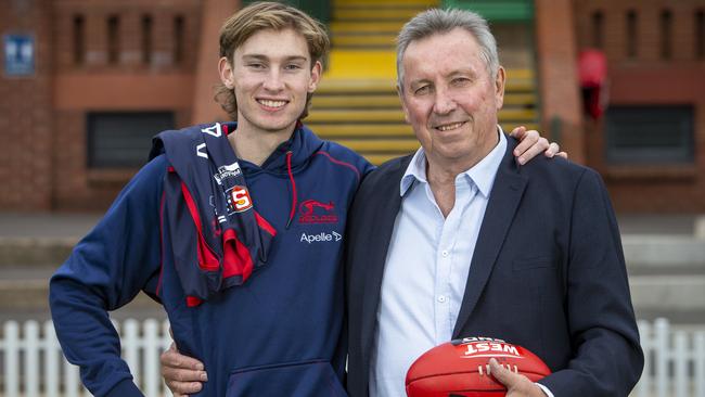 Crows father-son prospect Max Michalanney with his dad, Norwood great Jim Michalanney. Picture: Emma Brasier