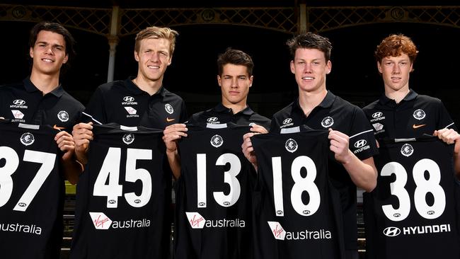 Hugh Goddard (no.45) with last year’s Blues recruits, from left, Ben Silvagni, Liam Stocker, Sam Walsh and Finbar O'Dwyer. Pic: Getty Images