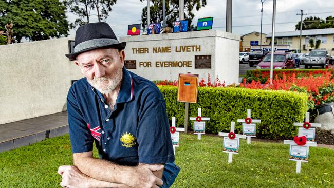 Mic Noble with his ANZAC display at the Logan Cenotaph. PHOTO: Richard Walker