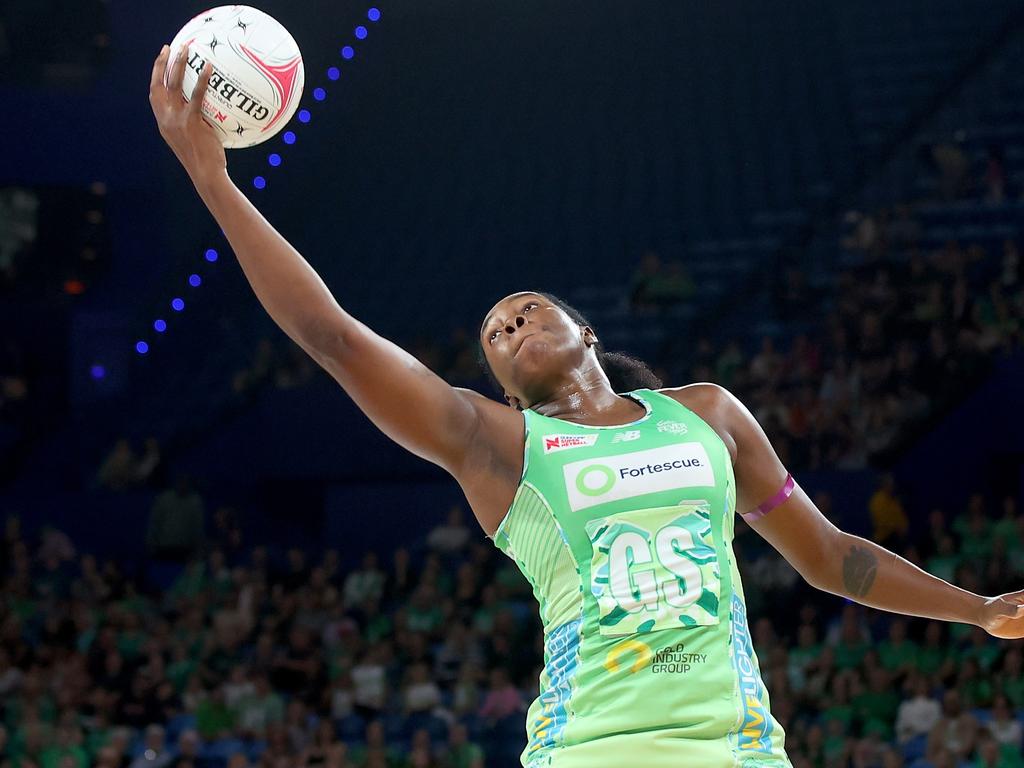 Fever star Jhaniele Fowler-Nembhard hit 62 of her 64 shots in her 100th Super Netball appearance. Picture: Getty Images