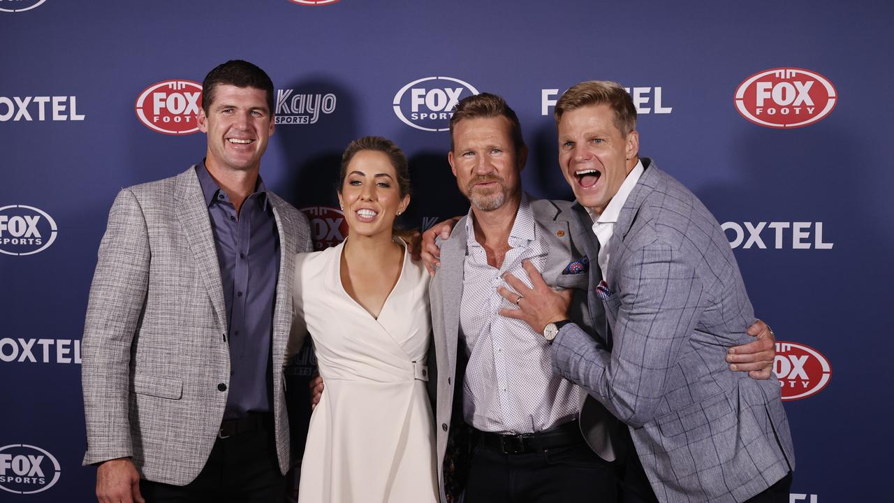 The launch of the 2022 AFL Season on Fox Sport Jonathan Brown, Kath Loughnan, Nathan Buckley and Nick Riewoldt. Picture: Alex Coppel.