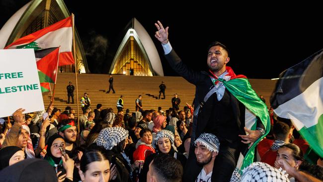 Pro-Palestine supporters are rally at the Opera House. Picture: David Swift