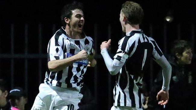 Tom Barforosh celebrates a goal.