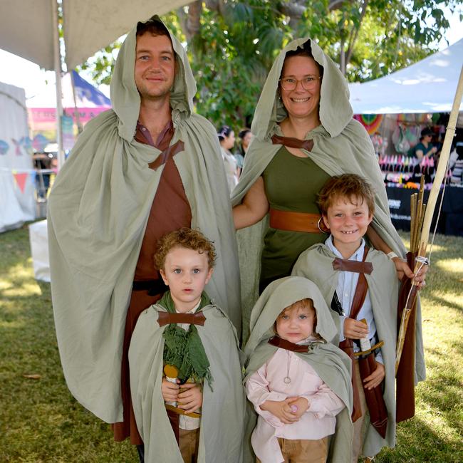 Townsville Medieval and Fantasy Festival 2024 at Cluden. Stephen Lanetti and Connor McShane with Aedan, 5, Edith, 3, and Eamon, 7. Picture: Evan Morgan