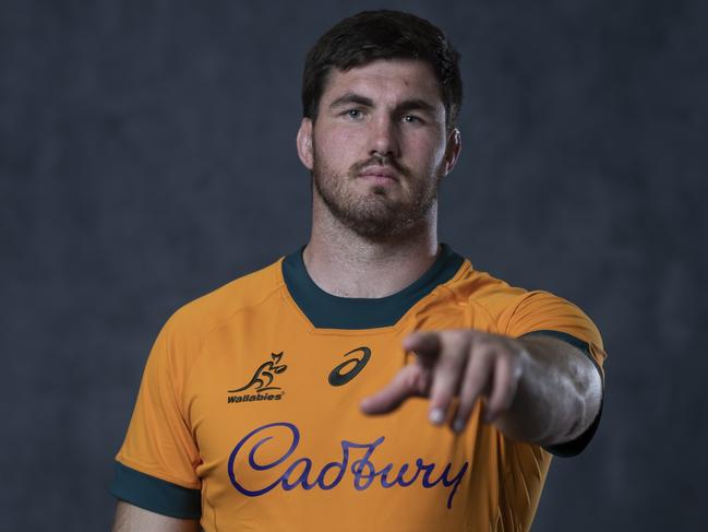 BRISBANE, AUSTRALIA - JUNE 26: Liam Wright poses during an Australia Wallabies Portrait Session on June 26, 2024 in Gold Coast, Australia. (Photo by Chris Hyde/Getty Images for ARU)