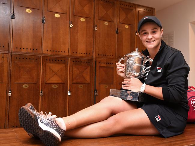 Ashleigh Barty poses with her trophy Suzanne Lenglen in the changing room, after winning the women's singles at the French Open. Picture: AFP Photo