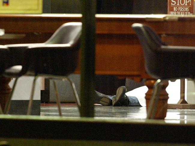 Lewis Moran dead on the floor of the Brunswick Club on Sydney Rd on April 1, 2004. Picture: Ellen Smith