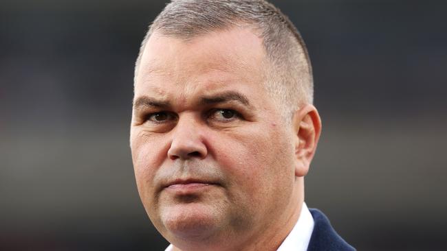 SYDNEY, AUSTRALIA - APRIL 23: Sea Eagles coach Anthony Seibold looks on as he is is interviewed pre-game during the round eight NRL match between Wests Tigers and Manly Sea Eagles at Campbelltown Stadium on April 23, 2023 in Sydney, Australia. (Photo by Mark Kolbe/Getty Images)