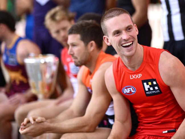 Noah Anderson sitting alongside the rest of the AFL’s captains. Picture: Quinn Rooney/Getty Images.