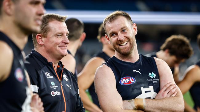 Michael Voss stuck fat with the Blues’ direction even when they were heading towards the bottom earlier in the season. Picture: Dylan Burns/AFL Photos via Getty Images