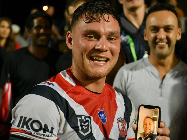 Manly-Warringah Sea Eagles v Sydney Roosters - Lachlan Lam, Facetimes his father during the 2019 NRL Round 02 - Manly-Warringah Sea Eagles v Sydney Roosters, Lottoland, 2019-03-23. Digital image by Gregg Porteous © NRL Photos