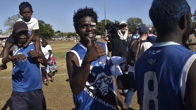 Buffaloes following the win in the Tiwi Island Football League grand final between Tuyu Buffaloes and Pumarali Thunder. Picture: Max Hatzoglou