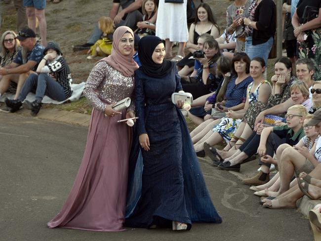 Harristown High School formal 2020 at Highfields Cultural Centre. Amani Borghoul (left) and Zarah Salim.