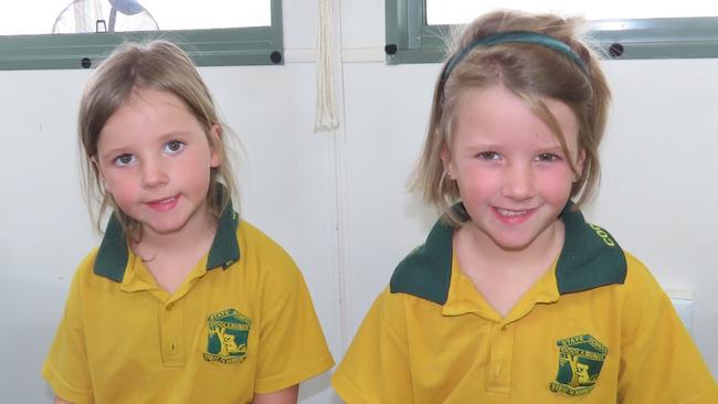 Peyton and Isabella Schultz on their first day of prep at Coolabunia State School.