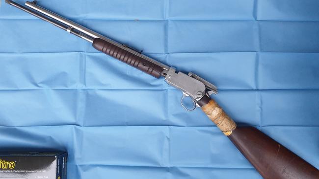 A rifle seized in a kitchen compartment of Iziah Utai’s dwelling. Picture: NSW Police