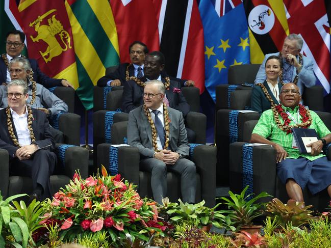 APIA, SAMOA - OCTOBER 25: Anthony Albanese, Prime Minister of Australia (C) Anthony Albanese, Ratu Wiliame Katonivere, the ledser of Fiji (C) and Keir Starmer, Prime Minister of the United Kingdom (L) attend the opening ceremony of CHOGM at the Tuanaimato Conference Centre on October 25, 2024 in Apia, Samoa. Samoa hosts the Commonwealth Heads of Government Meeting (CHOGM) 2024, with the main themes revolving around resilience and sustainability. Key discussions will focus on strengthening democratic institutions, combating climate change, promoting economic recovery, and empowering communities, particularly women and youth, to foster a more prosperous and equitable future across the Commonwealth. (Photo by Fiona Goodall/Getty Images)