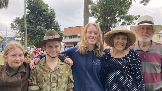 Gympie Anzac Day service 2022 - (From left) Zara, Zeb and Talisa Herrington, with Cheryl and Lex Irvine.