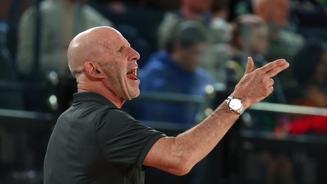 Brian Goorjian reacts during the Boomers’ win over Venezuela. Picture: Getty