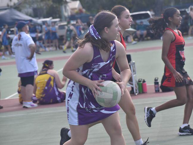 Action from Rockhampton Netball's annual Sullivan's Carnival at Jardine Park, Rockhampton, on May 24, 2025.