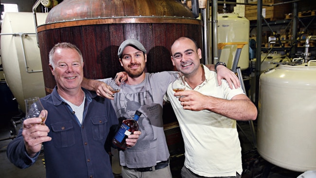 Sullivans Cove Whisky distillery co-owner Patrick Maguire with team members Patrick Trent