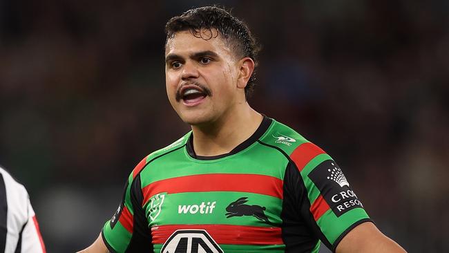 PERTH, AUSTRALIA - AUGUST 05: Latrell Mitchell of the Rabbitohs talks with Referee Todd Smith during the round 23 NRL match between South Sydney Rabbitohs and Cronulla Sharks at Optus Stadium on August 05, 2023 in Perth, Australia. (Photo by Paul Kane/Getty Images)