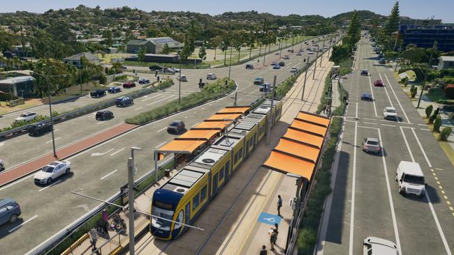 Artist impression of Gold Coast Light Rail Stage 4 between Tugun and Coolangatta, including Gold Coast Airport and the NSW border. Picture: Department of Transport and Main Roads.