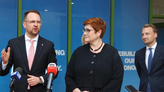 Minister for Foreign Affairs Marise Payne with Senator Andrew Bragg and State MP James Griffin, far right, at Liberal House, Balgowlah. Picture: Supplied.