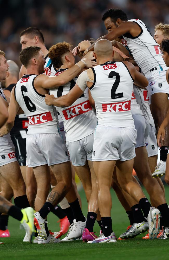 Port Adelaide celebrates Jack Lukosius’s first goal for the club. Picture: Michael Willson/AFL Photos