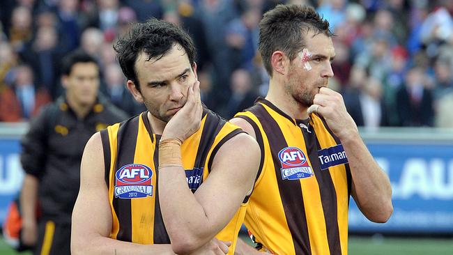 Jordan Lewis and Luke Hodge after the 2012 grand final.