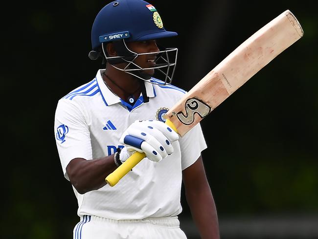 Sai Sudharsan of India A celebrates his century on day three of the match between Australia A and India A in Mackay. Picture: Albert Perez/Getty Images