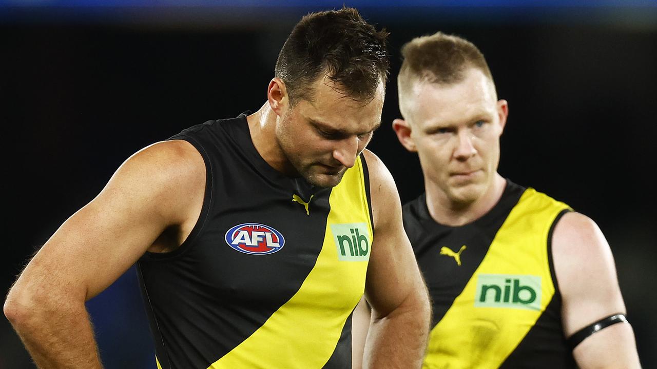Richmond duo Toby Nankervis and Jack Riewoldt look dejected after the loss to North Melbourne. Picture: Daniel Pockett