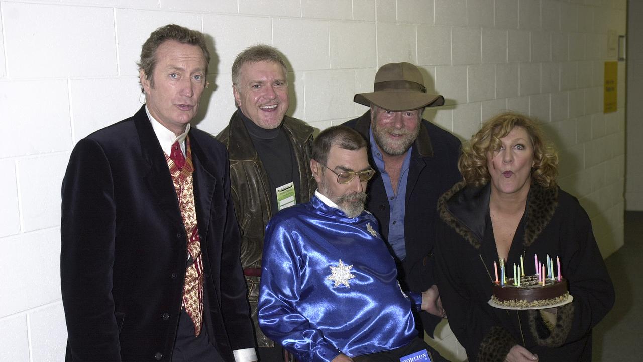 Bryan Brown, Billy Thorpe, Jeff St John, Jack Thompson and Renée Geyer backstage during the opening ceremony of the Sydney 2000 Paralympic Games at Sydney Olympic Park on October 18, 2000. Picture: Getty