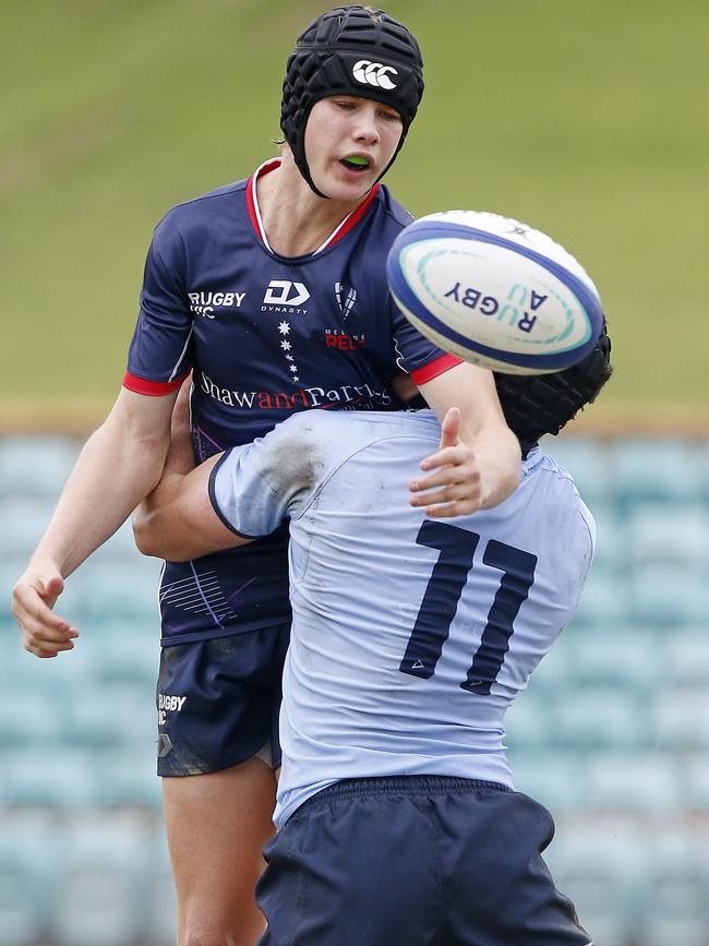 Melbourne Rebels' George Schmude and Waratahs' Brendan Palmer.