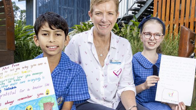 Northgate State School students Gauraang Suneja and Posy Hooper with teacher Janet Price, Friday, April 26, 2024 - Picture: Richard Walker