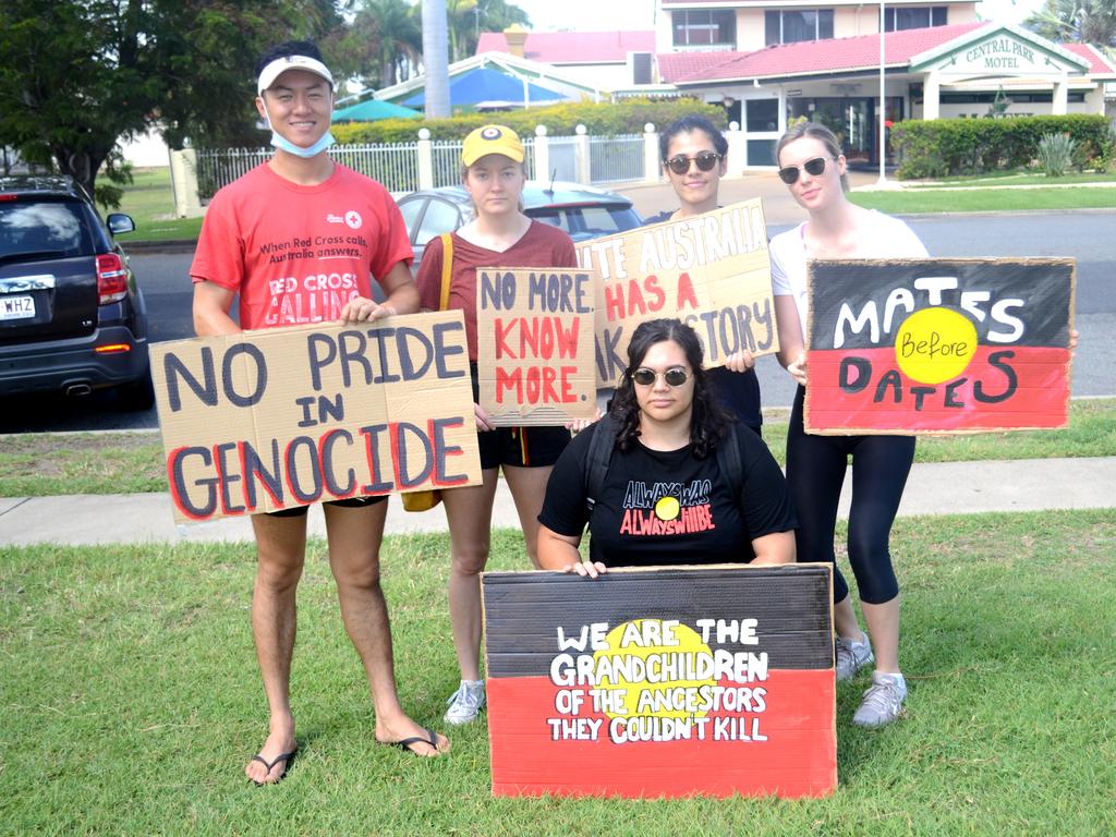 Hayden Jane, Sasha Clafton, Ella Ceolion, Emelia Festa and Sally Smith at Rockhampton's Invasion Day Rally 2021