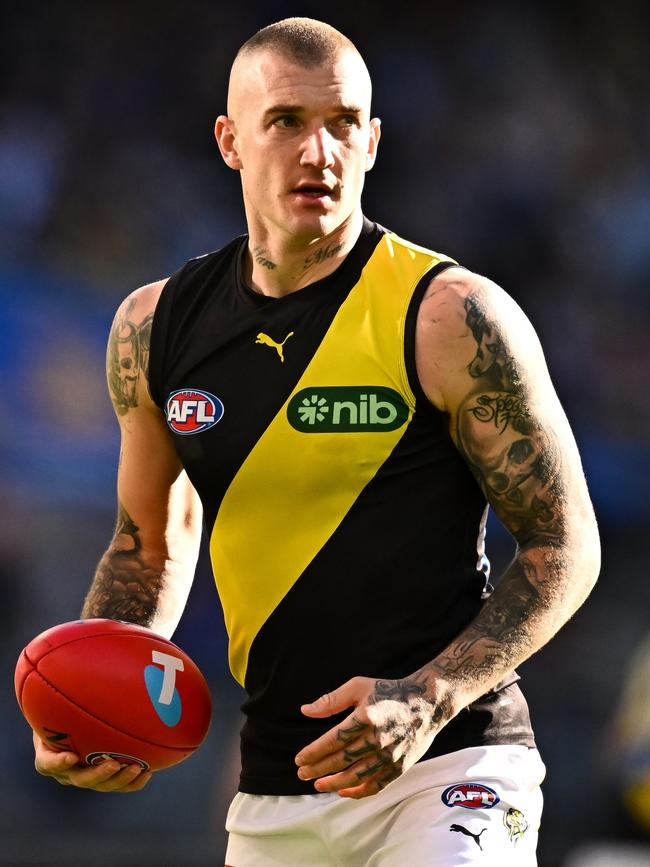 Tigers star Dustin Martin escaped a suspension for a deliberate elbow last week. Picture: Daniel Carson/AFL Photos