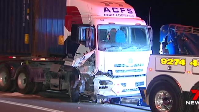 The damaged truck following the crash involving Ben Cousins. Picture: Seven News