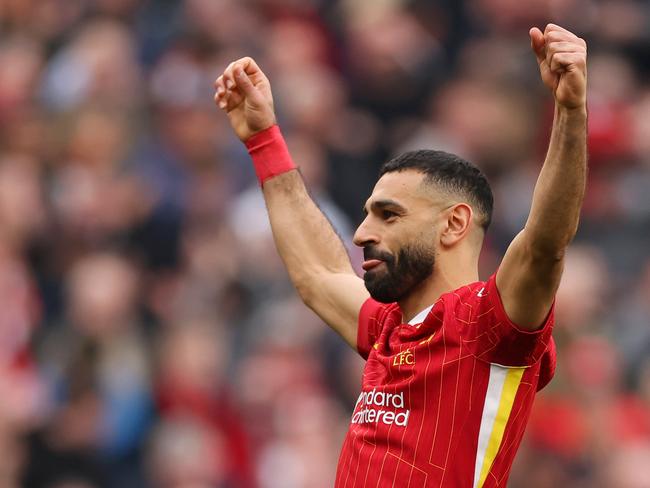 LIVERPOOL, ENGLAND - MARCH 08: Mohamed Salah of Liverpool celebrates scoring his team's third goal during the Premier League match between Liverpool FC and Southampton FC at Anfield on March 08, 2025 in Liverpool, England. (Photo by Carl Recine/Getty Images)