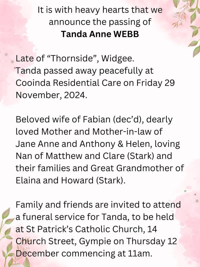 Tanda Webbs funeral notice.